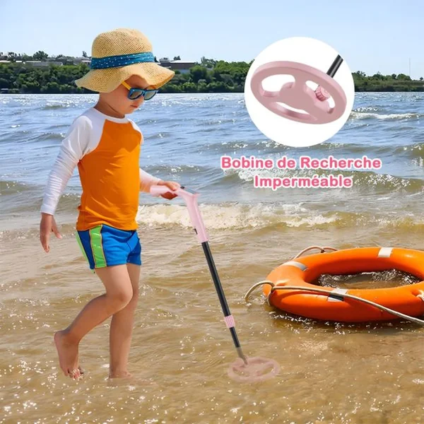 Détecteur de Métaux pour Enfants Détecteur de Métaux Junior Réglable de 62-85cm Écran Lcd Bobine de Recherche Étanche Poids Léger Rose