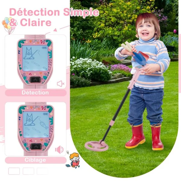 Détecteur de Métaux pour Enfants Détecteur de Métaux Junior Réglable de 62-85cm Écran Lcd Bobine de Recherche Étanche Poids Léger Rose