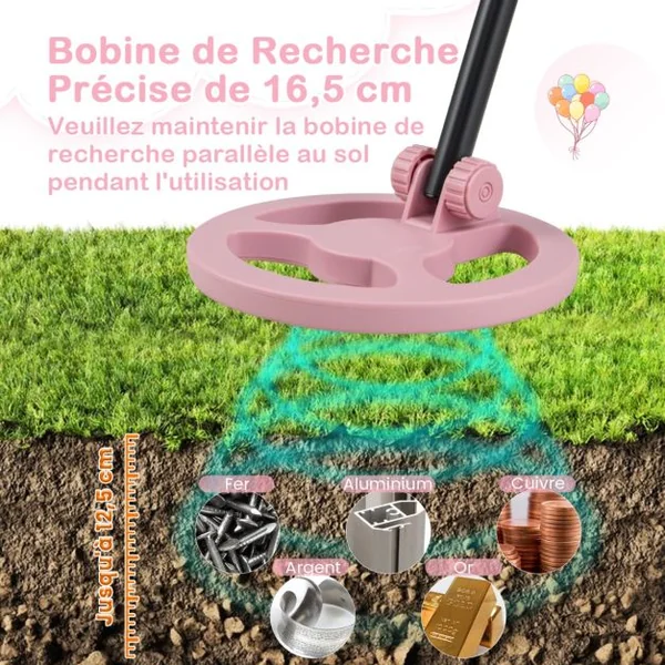 Détecteur de Métaux pour Enfants Détecteur de Métaux Junior Réglable de 62-85cm Écran Lcd Bobine de Recherche Étanche Poids Léger Rose