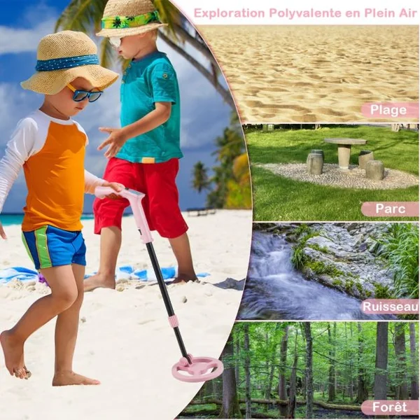 Détecteur de Métaux pour Enfants Détecteur de Métaux Junior Réglable de 62-85cm Écran Lcd Bobine de Recherche Étanche Poids Léger Rose
