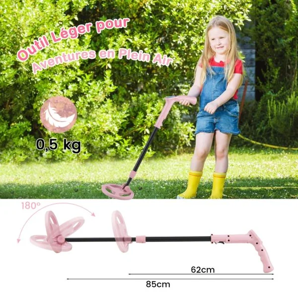 Détecteur de Métaux pour Enfants Détecteur de Métaux Junior Réglable de 62-85cm Écran Lcd Bobine de Recherche Étanche Poids Léger Rose