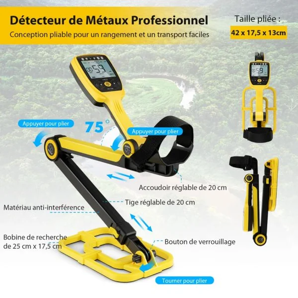 Détecteur de Métaux Professionnel Profondeur 30cm Hauteur Réglable avec Bobine Étanche 4 Modes Fonction de Mémoire LCD Écran