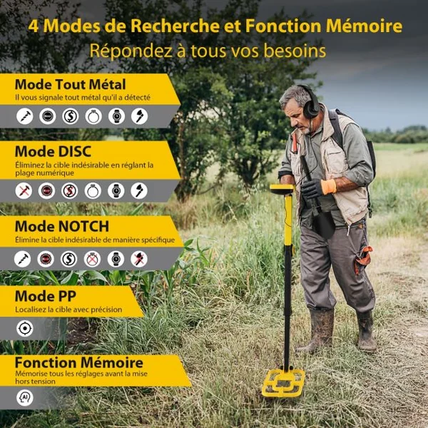Détecteur de Métaux Professionnel Profondeur 30cm Hauteur Réglable avec Bobine Étanche 4 Modes Fonction de Mémoire LCD Écran