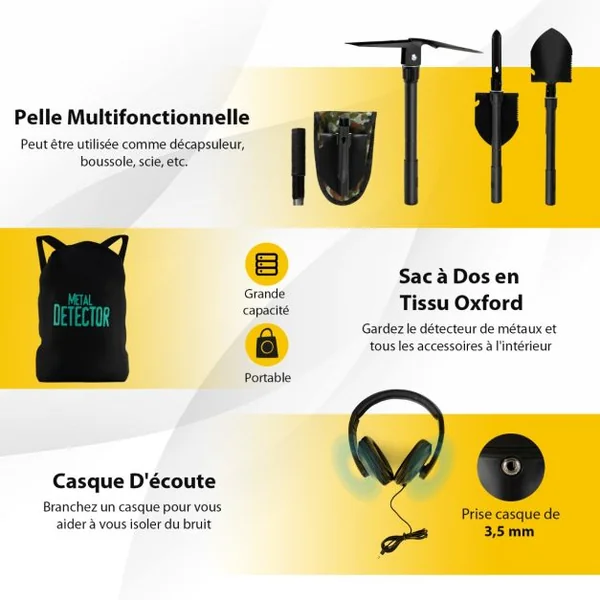 Détecteur de Métaux Professionnel Profondeur 30cm Hauteur Réglable avec Bobine Étanche 4 Modes Fonction de Mémoire LCD Écran