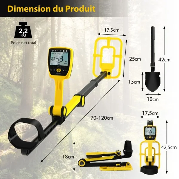Détecteur de Métaux Professionnel Profondeur 30cm Hauteur Réglable avec Bobine Étanche 4 Modes Fonction de Mémoire LCD Écran