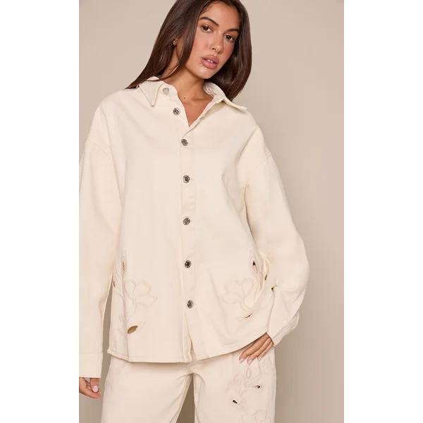 Ecru Chemise En Jean À Détails Ajourés Et Broderie Florale