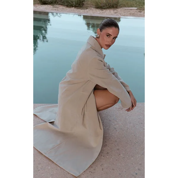 Ecru Manteau Long En Synthétique À Boutons