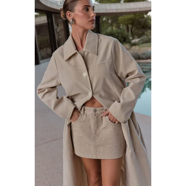 Ecru Manteau Long En Synthétique À Boutons