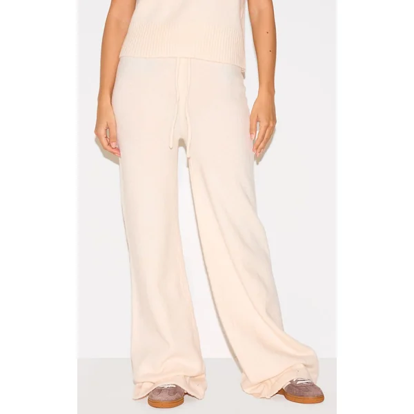 Ecru Pantalon Large En Maille Douce Chiné