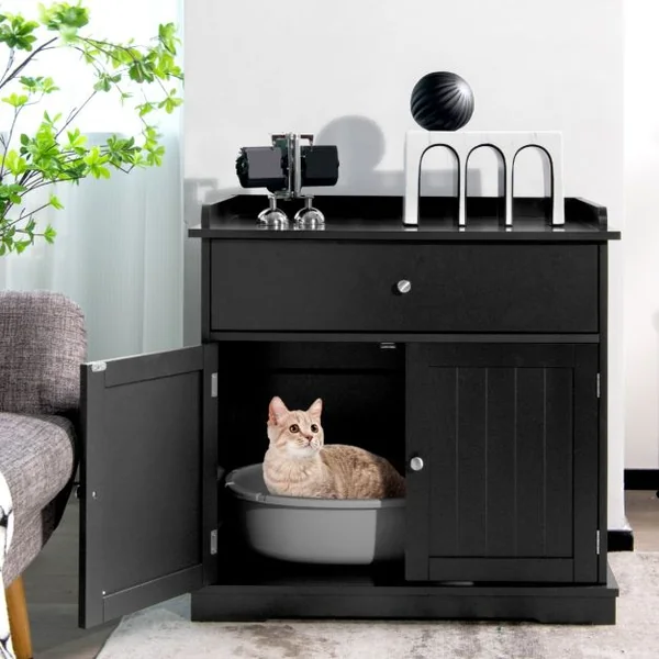 Enceinte de Bac à Litière pour Chat Meubles de Toilette Cachés pour Chat avec Tiroir et 2 Portes Table d'Appoint pour Chat Noir