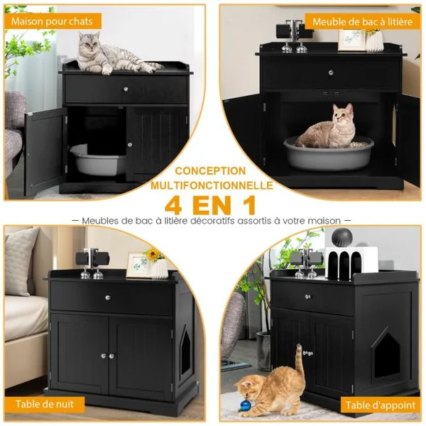 Enceinte de Bac à Litière pour Chat Meubles de Toilette Cachés pour Chat avec Tiroir et 2 Portes Table d'Appoint pour Chat Noir