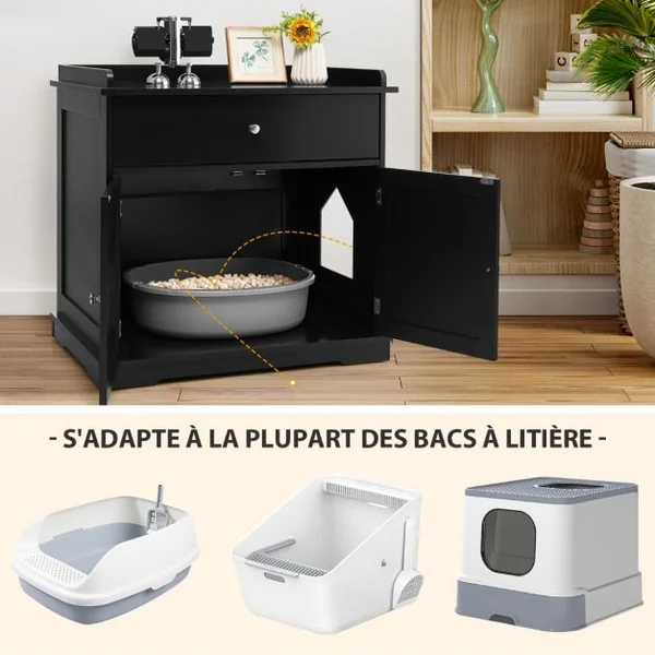 Enceinte de Bac à Litière pour Chat Meubles de Toilette Cachés pour Chat avec Tiroir et 2 Portes Table d'Appoint pour Chat Noir