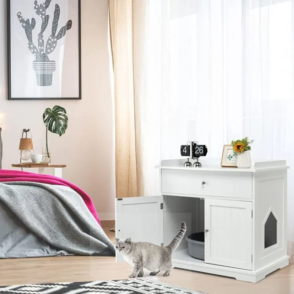 Enceinte de Bac à Litière pour Chat Meubles de Toilette Cachés pour Chat avec Tiroir et 2 Portes Table d'Appoint pour Chat