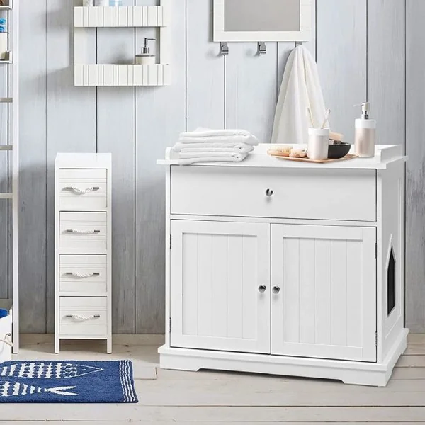 Enceinte de Bac à Litière pour Chat Meubles de Toilette Cachés pour Chat avec Tiroir et 2 Portes Table d'Appoint pour Chat