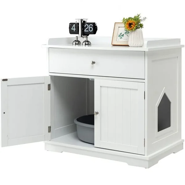 Enceinte de Bac à Litière pour Chat Meubles de Toilette Cachés pour Chat avec Tiroir et 2 Portes Table d'Appoint pour Chat