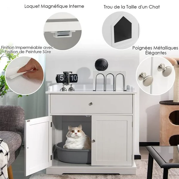 Enceinte de Bac à Litière pour Chat Meubles de Toilette Cachés pour Chat avec Tiroir et 2 Portes Table d'Appoint pour Chat