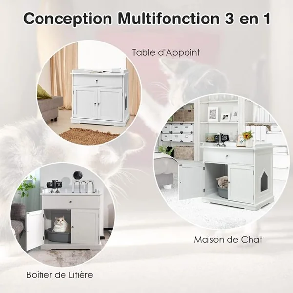 Enceinte de Bac à Litière pour Chat Meubles de Toilette Cachés pour Chat avec Tiroir et 2 Portes Table d'Appoint pour Chat