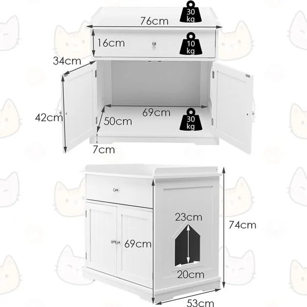 Enceinte de Bac à Litière pour Chat Meubles de Toilette Cachés pour Chat avec Tiroir et 2 Portes Table d'Appoint pour Chat