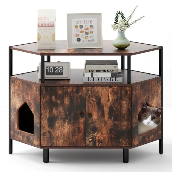 Enclos d'Angle pour Litière de Chat Cabinet Maison pour Chat avec Étagère Ouverte 2 Entrées & Pieds en Métal Litière Cachée Blanc