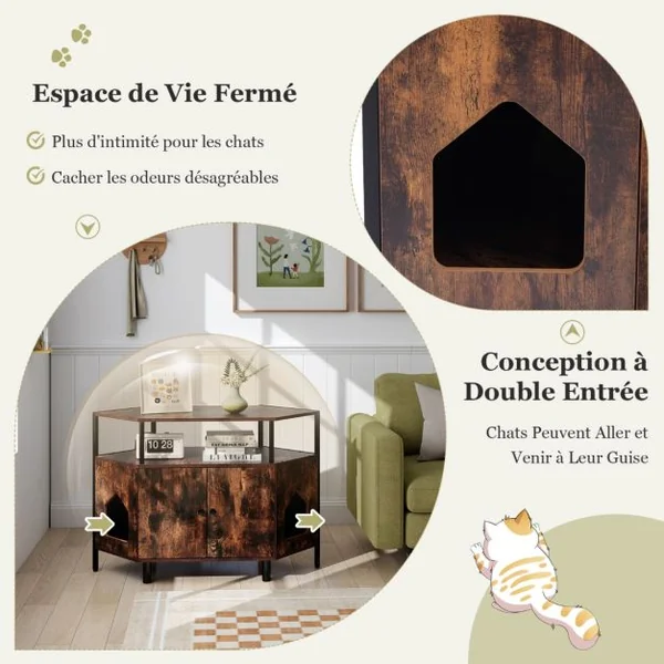 Enclos d'Angle pour Litière de Chat Cabinet Maison pour Chat avec Étagère Ouverte 2 Entrées & Pieds en Métal Litière Cachée Blanc