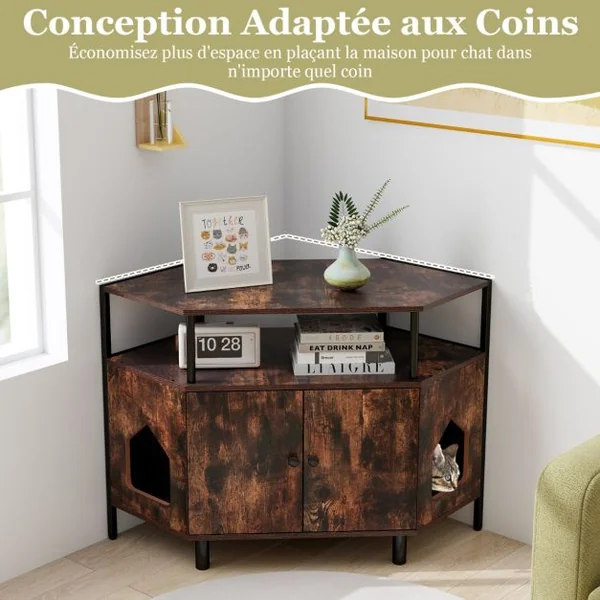 Enclos d'Angle pour Litière de Chat Cabinet Maison pour Chat avec Étagère Ouverte 2 Entrées & Pieds en Métal Litière Cachée Blanc