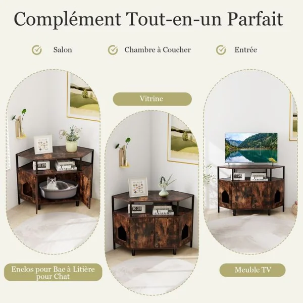 Enclos d'Angle pour Litière de Chat Cabinet Maison pour Chat avec Étagère Ouverte 2 Entrées & Pieds en Métal Litière Cachée Blanc