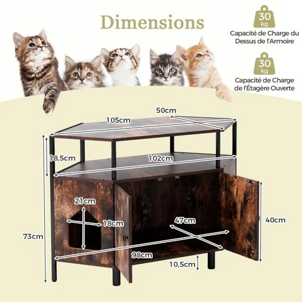 Enclos d'Angle pour Litière de Chat Cabinet Maison pour Chat avec Étagère Ouverte 2 Entrées & Pieds en Métal Litière Cachée Blanc