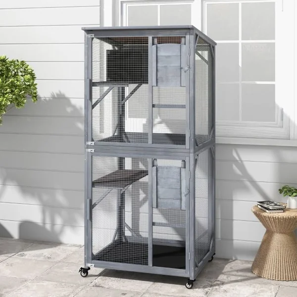 Enclos Extérieur Résistant aux Intempéries pour Chat 4 Roues Cage Maison pour Chat Cadre en Sapin Toit en Asphalte Gris