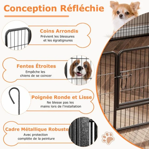 Enclos pour Chiens 8 Panneaux Hauteur de 60CM pour Chiot Animaux Parc Portable Pliable avec Porte Barrière Métallique Noir
