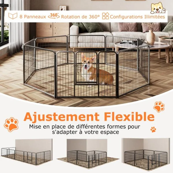 Enclos pour Chiens 8 Panneaux Hauteur de 60CM pour Chiot Animaux Parc Portable Pliable avec Porte Barrière Métallique Noir