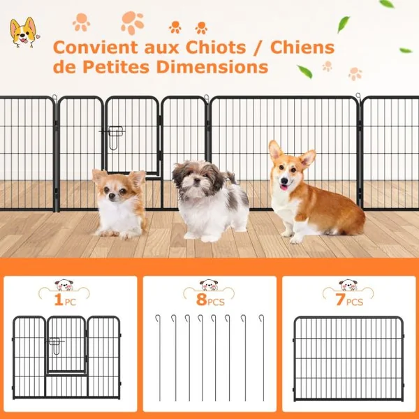 Enclos pour Chiens 8 Panneaux Hauteur de 60CM pour Chiot Animaux Parc Portable Pliable avec Porte Barrière Métallique Noir