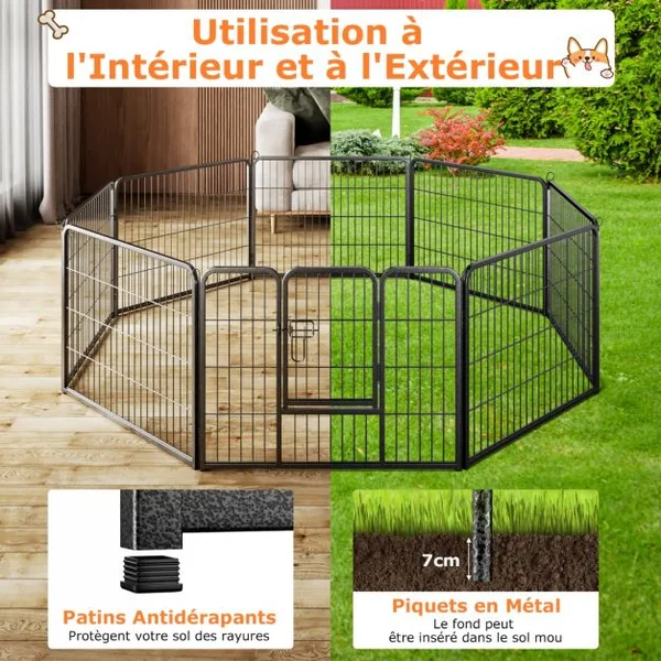Enclos pour Chiens 8 Panneaux Hauteur de 60CM pour Chiot Animaux Parc Portable Pliable avec Porte Barrière Métallique Noir