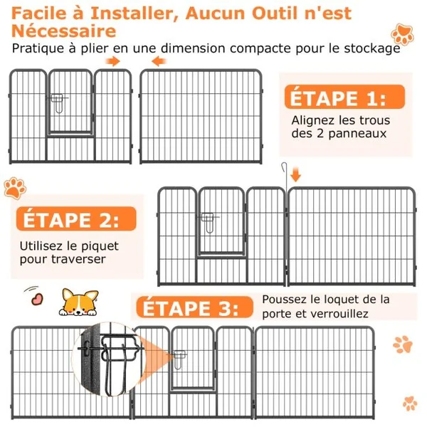 Enclos pour Chiens 8 Panneaux Hauteur de 60CM pour Chiot Animaux Parc Portable Pliable avec Porte Barrière Métallique Noir