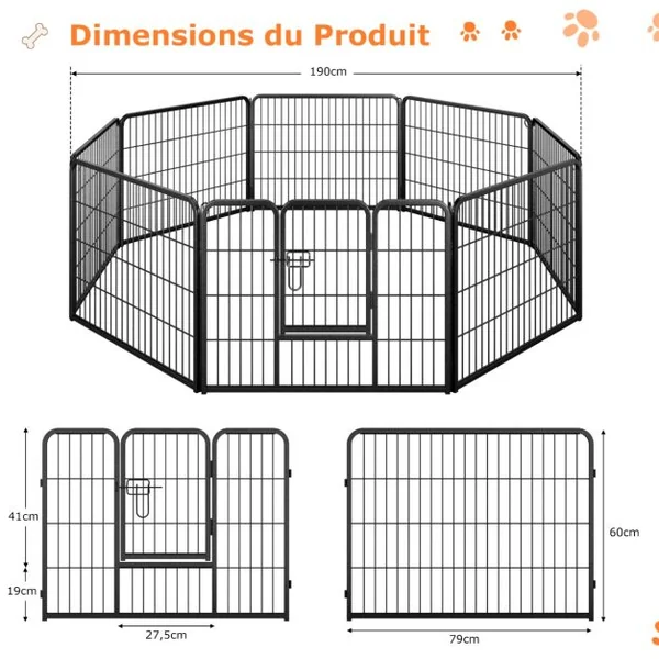 Enclos pour Chiens 8 Panneaux Hauteur de 60CM pour Chiot Animaux Parc Portable Pliable avec Porte Barrière Métallique Noir