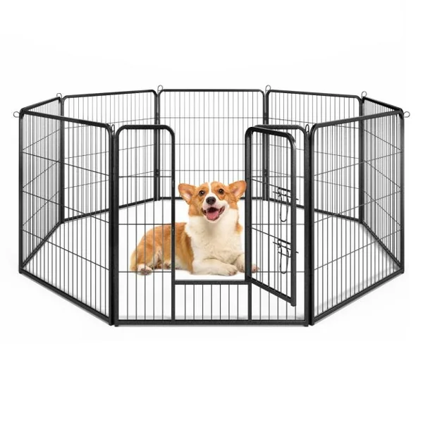 Enclos pour Chiens 8 Panneaux Hauteur de 80CM pour Petits Animaux Parc Portable Pliable avec Porte Barrière Métallique Noir