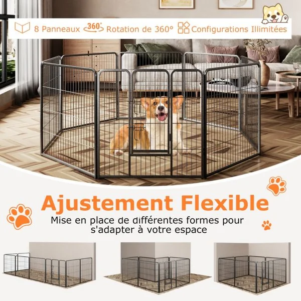 Enclos pour Chiens 8 Panneaux Hauteur de 80CM pour Petits Animaux Parc Portable Pliable avec Porte Barrière Métallique Noir