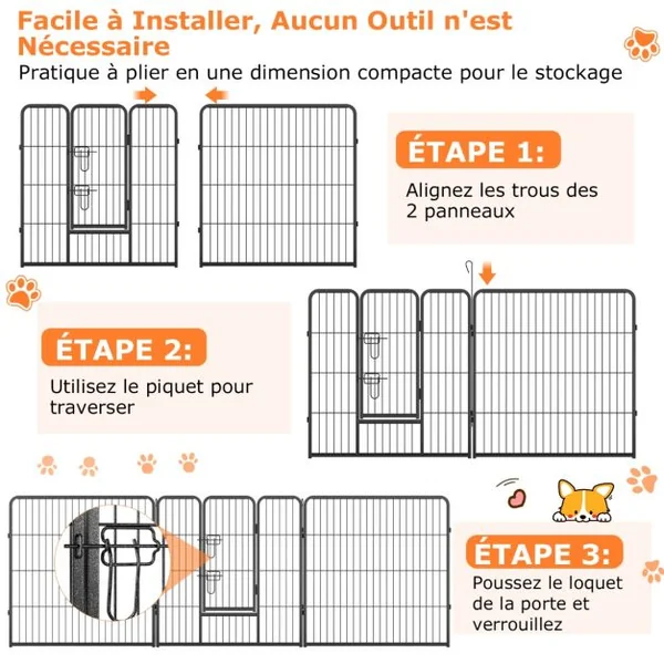 Enclos pour Chiens 8 Panneaux Hauteur de 80CM pour Petits Animaux Parc Portable Pliable avec Porte Barrière Métallique Noir