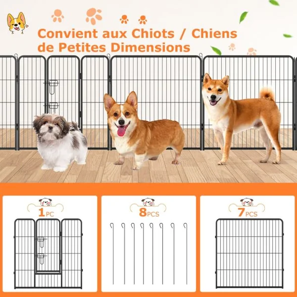 Enclos pour Chiens 8 Panneaux Hauteur de 80CM pour Petits Animaux Parc Portable Pliable avec Porte Barrière Métallique Noir