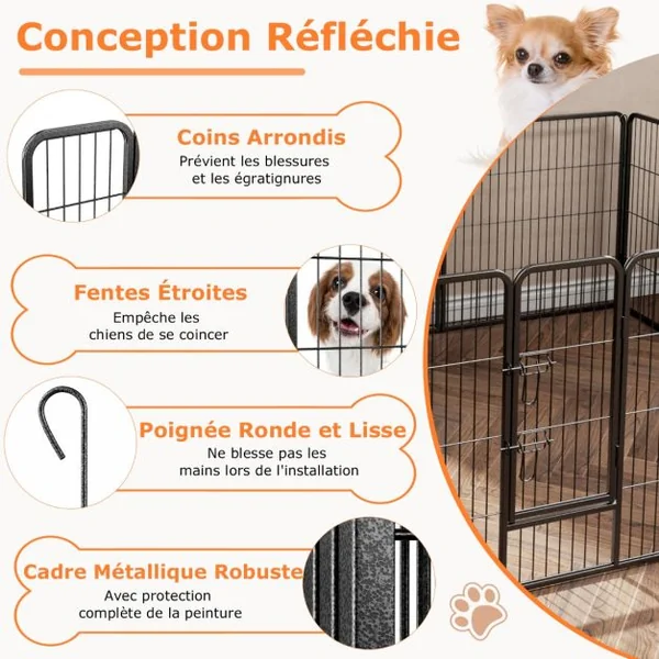 Enclos pour Chiens 8 Panneaux Hauteur de 80CM pour Petits Animaux Parc Portable Pliable avec Porte Barrière Métallique Noir
