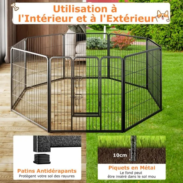 Enclos pour Chiens 8 Panneaux Hauteur de 80CM pour Petits Animaux Parc Portable Pliable avec Porte Barrière Métallique Noir