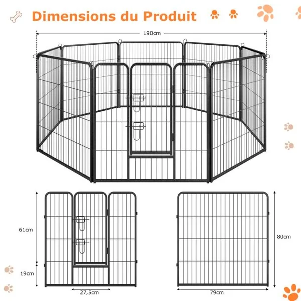 Enclos pour Chiens 8 Panneaux Hauteur de 80CM pour Petits Animaux Parc Portable Pliable avec Porte Barrière Métallique Noir
