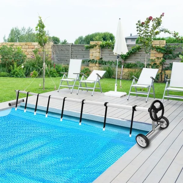 Enrouleur Bâche pour Piscine Extensible 1,65M-7M Moulinet Bâche pour Piscine à Bulle en Aluminium avec 8 Sangles 2 Roues