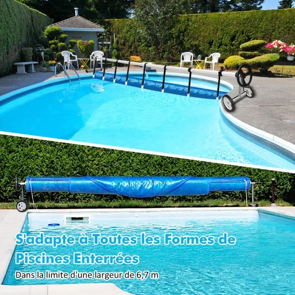 Enrouleur Bâche pour Piscine Extensible 1,65M-7M Moulinet Bâche pour Piscine à Bulle en Aluminium avec 8 Sangles 2 Roues