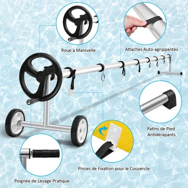 Enrouleur Bâche pour Piscine Extensible 1,65M-7M Moulinet Bâche pour Piscine à Bulle en Aluminium avec 8 Sangles 2 Roues