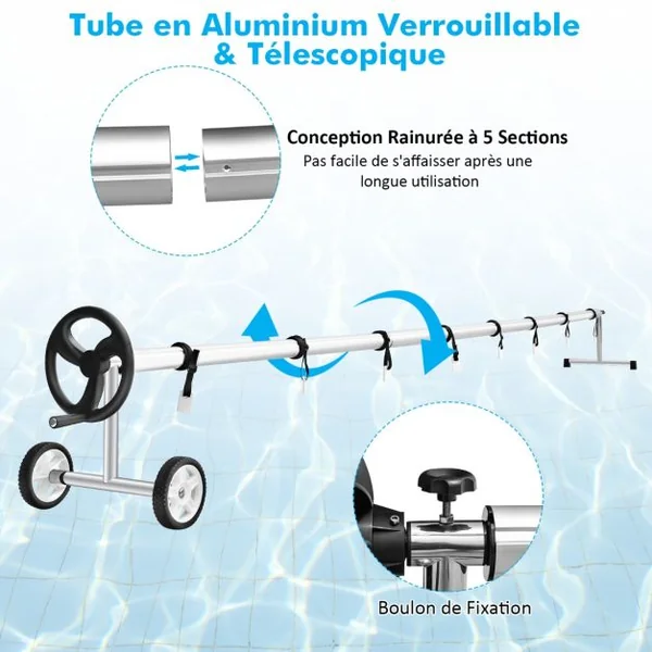 Enrouleur Bâche pour Piscine Extensible 1,65M-7M Moulinet Bâche pour Piscine à Bulle en Aluminium avec 8 Sangles 2 Roues