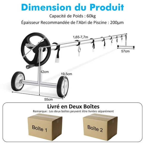 Enrouleur Bâche pour Piscine Extensible 1,65M-7M Moulinet Bâche pour Piscine à Bulle en Aluminium avec 8 Sangles 2 Roues