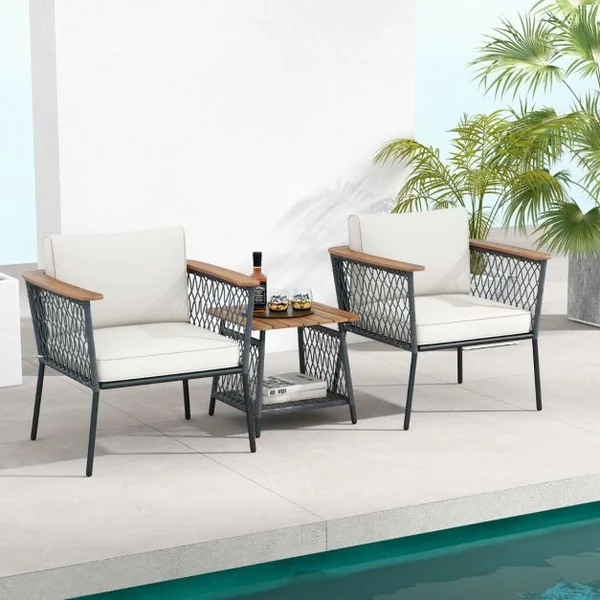 Ensemble 3 Pièces Salon en Rotin avec Table Basse à 2 Niveaux Accoudoirs et Plateau de Table en Bois d'Acacia Coussins de Siège Blanc