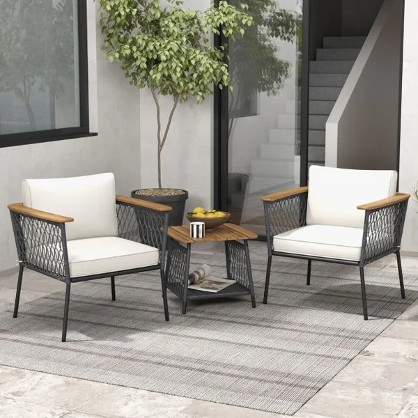 Ensemble 3 Pièces Salon en Rotin avec Table Basse à 2 Niveaux Accoudoirs et Plateau de Table en Bois d'Acacia Coussins de Siège Blanc