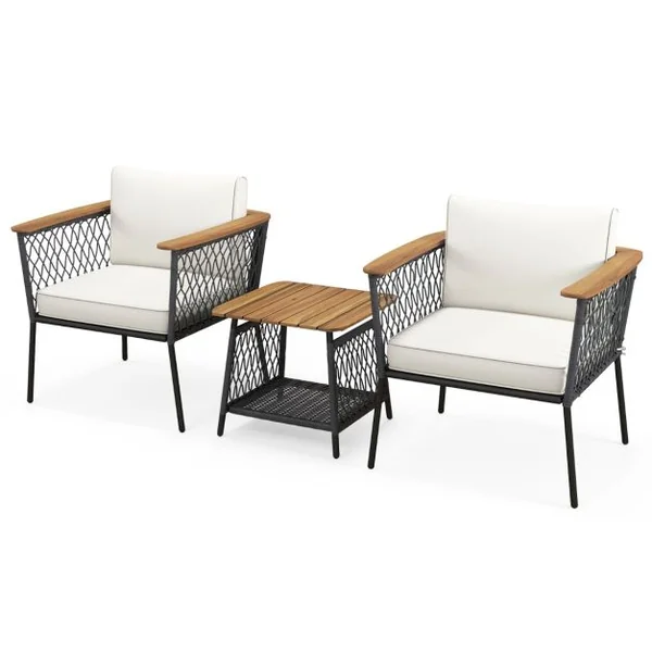 Ensemble 3 Pièces Salon en Rotin avec Table Basse à 2 Niveaux Accoudoirs et Plateau de Table en Bois d'Acacia Coussins de Siège Blanc