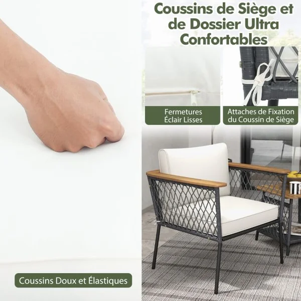 Ensemble 3 Pièces Salon en Rotin avec Table Basse à 2 Niveaux Accoudoirs et Plateau de Table en Bois d'Acacia Coussins de Siège Blanc
